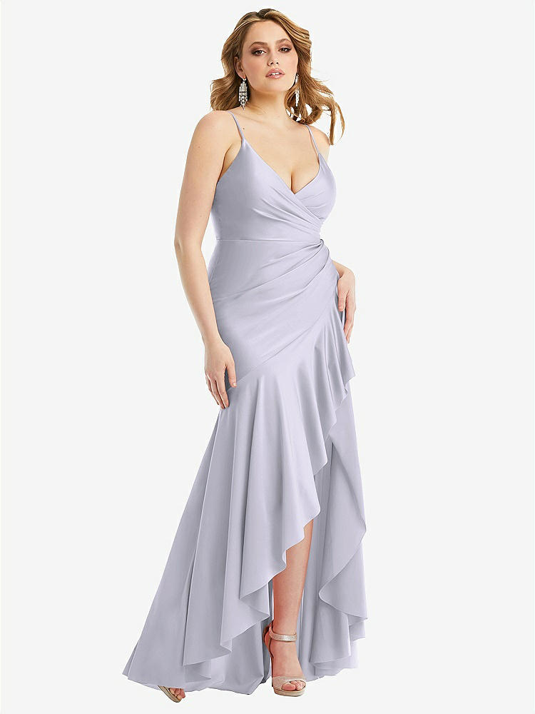 【STYLE: CS111】Pleated Wrap Ruffled High Low Stretch Satin Gown with Slight Train【COLOR: Silver Dove】
