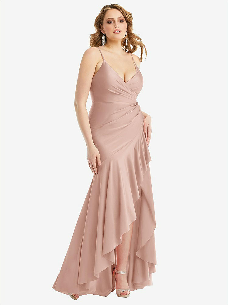 【STYLE: CS111】Pleated Wrap Ruffled High Low Stretch Satin Gown with Slight Train【COLOR: Toasted Sugar】