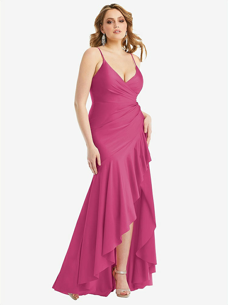 【STYLE: CS111】Pleated Wrap Ruffled High Low Stretch Satin Gown with Slight Train【COLOR: Tea Rose】