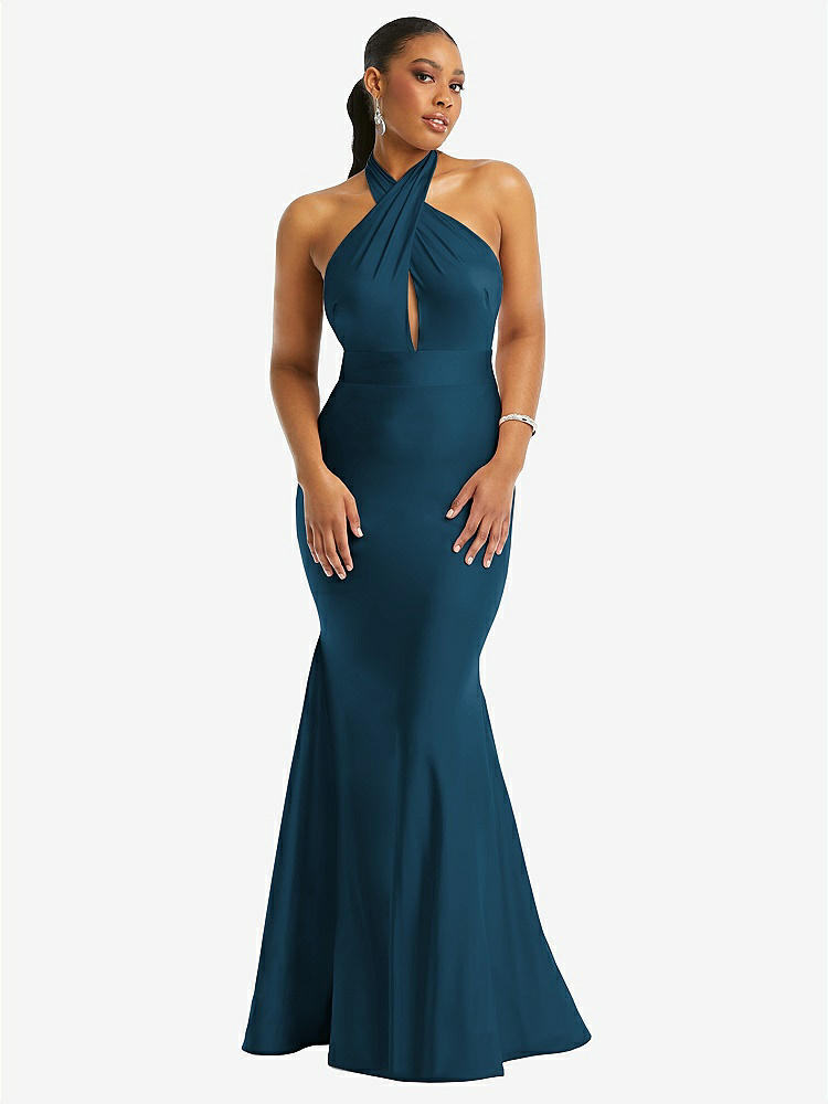 【STYLE: CS112】Criss Cross Halter Open-Back Stretch Satin Mermaid Dress【COLOR: Atlantic Blue】
