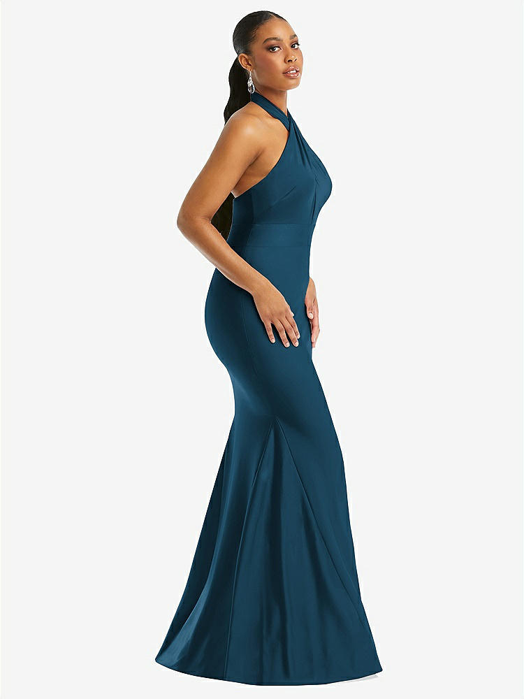 【STYLE: CS112】Criss Cross Halter Open-Back Stretch Satin Mermaid Dress【COLOR: Atlantic Blue】