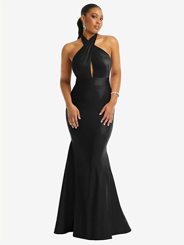 【STYLE: CS112】Criss Cross Halter Open-Back Stretch Satin Mermaid Dress【COLOR: Black】