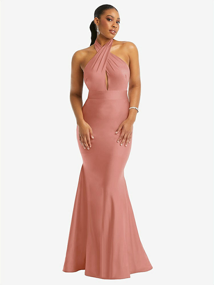 【STYLE: CS112】Criss Cross Halter Open-Back Stretch Satin Mermaid Dress【COLOR: Desert Rose】