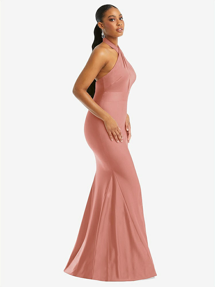 【STYLE: CS112】Criss Cross Halter Open-Back Stretch Satin Mermaid Dress【COLOR: Desert Rose】