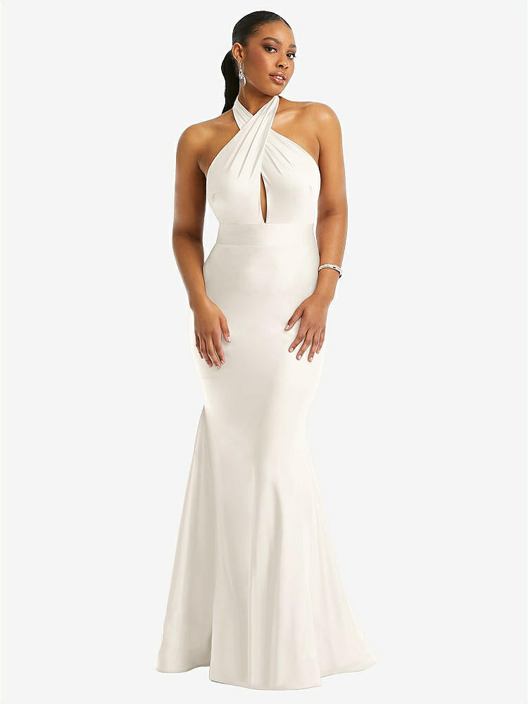 【STYLE: CS112】Criss Cross Halter Open-Back Stretch Satin Mermaid Dress【COLOR: Ivory】