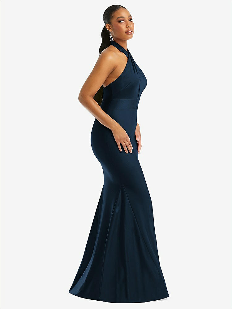 【STYLE: CS112】Criss Cross Halter Open-Back Stretch Satin Mermaid Dress【COLOR: Midnight Navy】