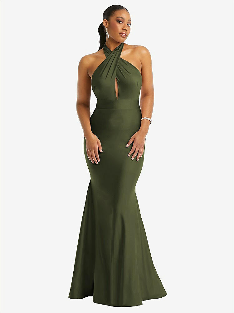 【STYLE: CS112】Criss Cross Halter Open-Back Stretch Satin Mermaid Dress【COLOR: Olive Green】