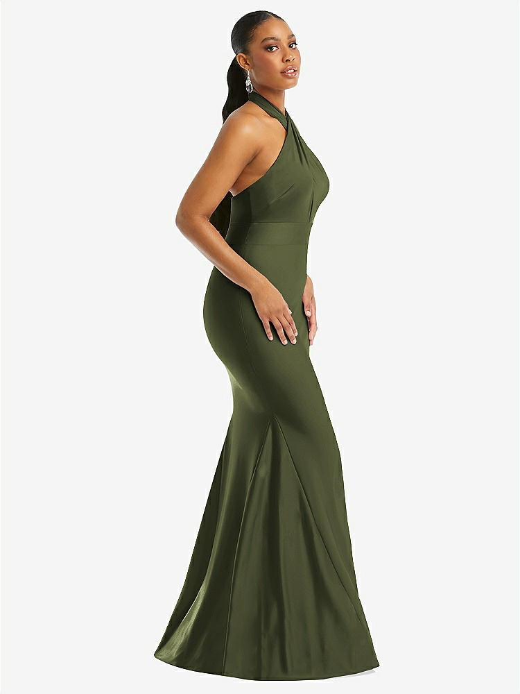 【STYLE: CS112】Criss Cross Halter Open-Back Stretch Satin Mermaid Dress【COLOR: Olive Green】