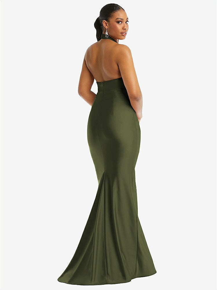 【STYLE: CS112】Criss Cross Halter Open-Back Stretch Satin Mermaid Dress【COLOR: Olive Green】