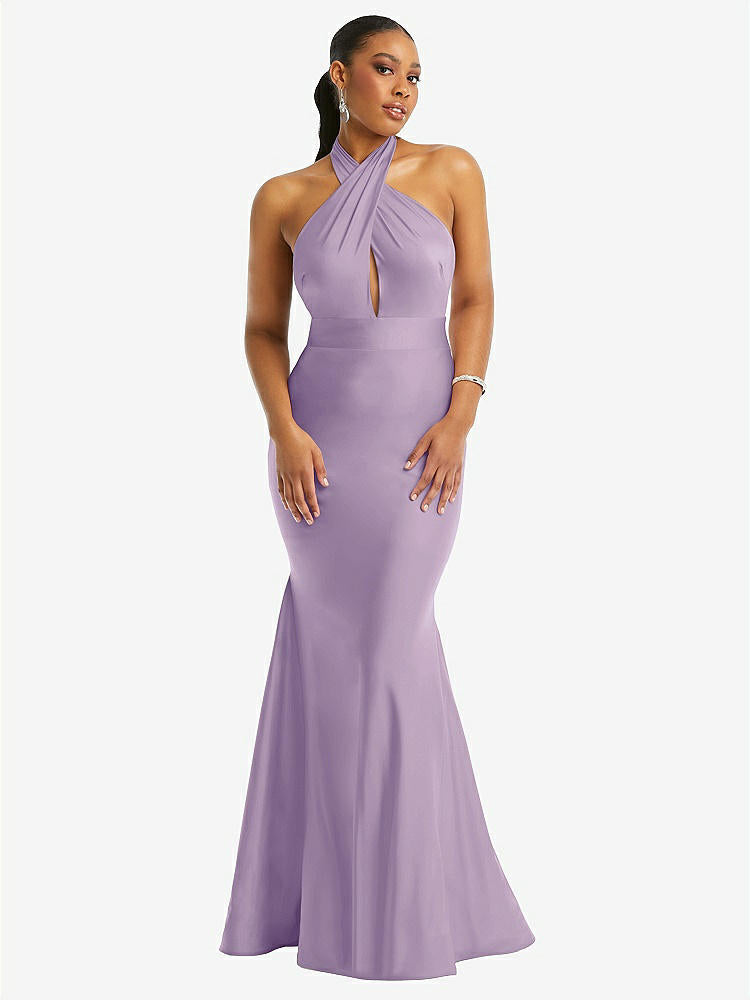 【STYLE: CS112】Criss Cross Halter Open-Back Stretch Satin Mermaid Dress【COLOR: Pale Purple】