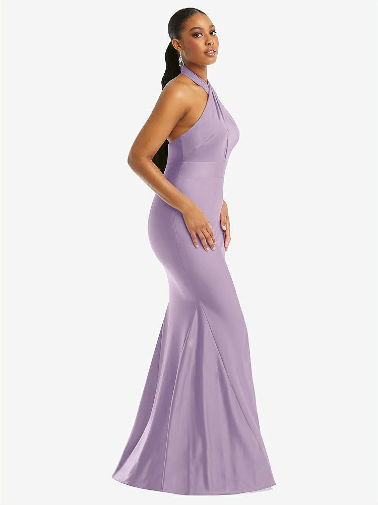 【STYLE: CS112】Criss Cross Halter Open-Back Stretch Satin Mermaid Dress【COLOR: Pale Purple】