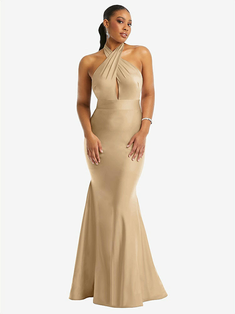 【STYLE: CS112】Criss Cross Halter Open-Back Stretch Satin Mermaid Dress【COLOR: Soft Gold】