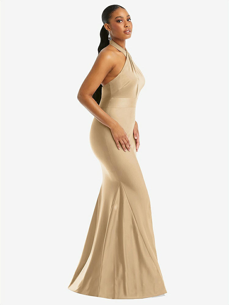 【STYLE: CS112】Criss Cross Halter Open-Back Stretch Satin Mermaid Dress【COLOR: Soft Gold】
