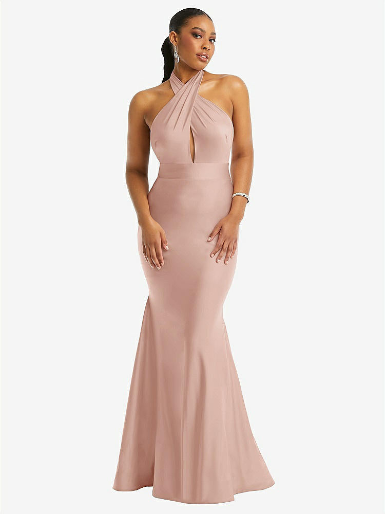 【STYLE: CS112】Criss Cross Halter Open-Back Stretch Satin Mermaid Dress【COLOR: Toasted Sugar】