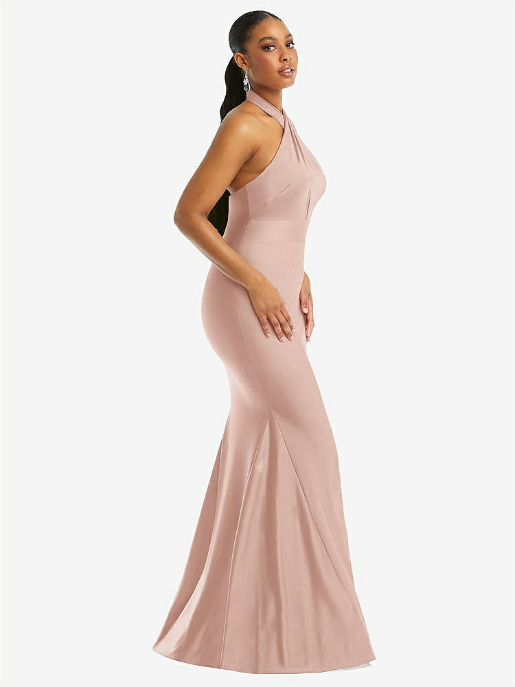 【STYLE: CS112】Criss Cross Halter Open-Back Stretch Satin Mermaid Dress【COLOR: Toasted Sugar】