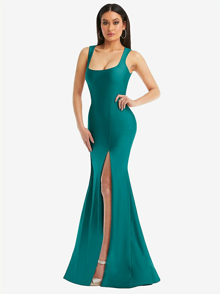 【STYLE: CS113】Square Neck Stretch Satin Mermaid Dress with Slight Train【COLOR: Peacock Teal】