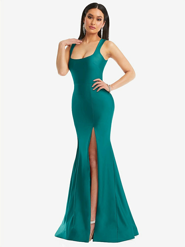 【STYLE: CS113】Square Neck Stretch Satin Mermaid Dress with Slight Train【COLOR: Peacock Teal】