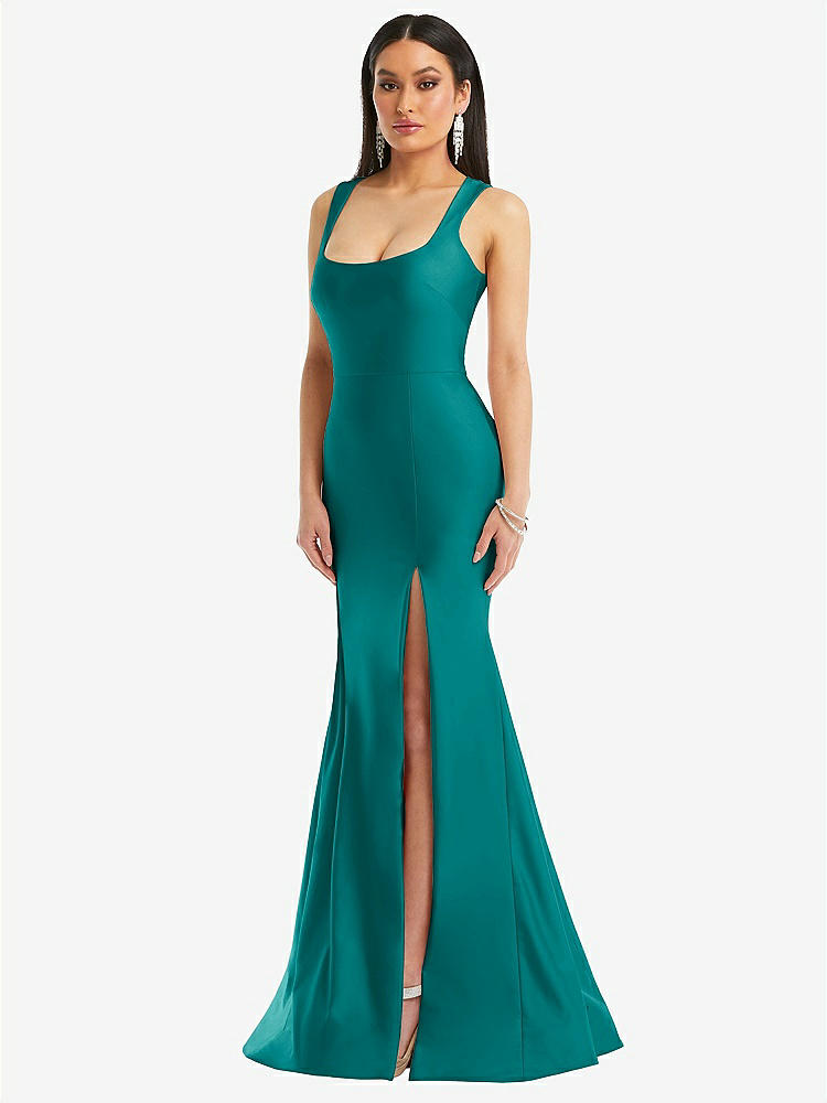 【STYLE: CS113】Square Neck Stretch Satin Mermaid Dress with Slight Train【COLOR: Peacock Teal】