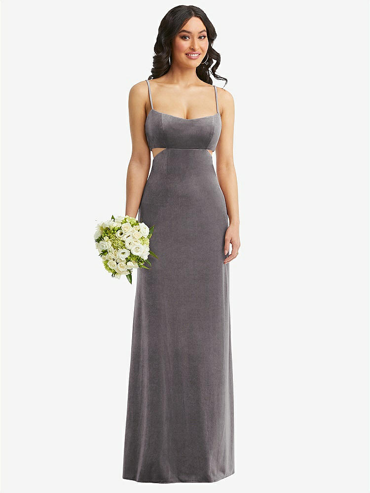 【NEW】【STYLE: 6866】Spaghetti ストラップ 切り抜き MIDIFF ベルベット MAXI ドレス【COLOR: Caviar Gray】【SIZE: 00-30W】