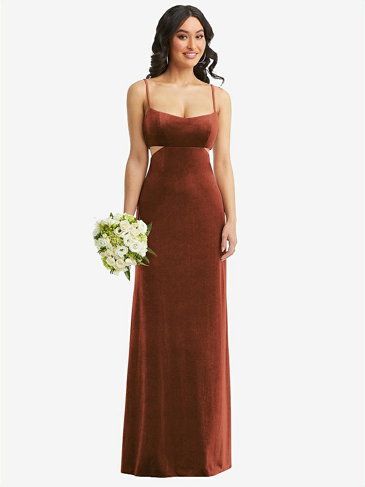 【STYLE: 6866】Spaghetti Strap Cutout Midriff Velvet Maxi Dress【COLOR: Auburn Moon】