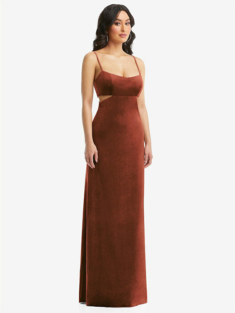 【STYLE: 6866】Spaghetti Strap Cutout Midriff Velvet Maxi Dress【COLOR: Auburn Moon】