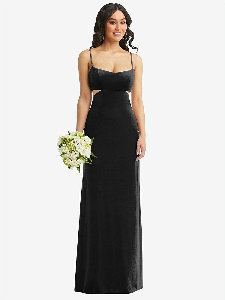 【NEW】【STYLE: 6866】Spaghetti ストラップ 切り抜き MIDIFF ベルベット MAXI ドレス【COLOR: Black】【SIZE: 00-30W】