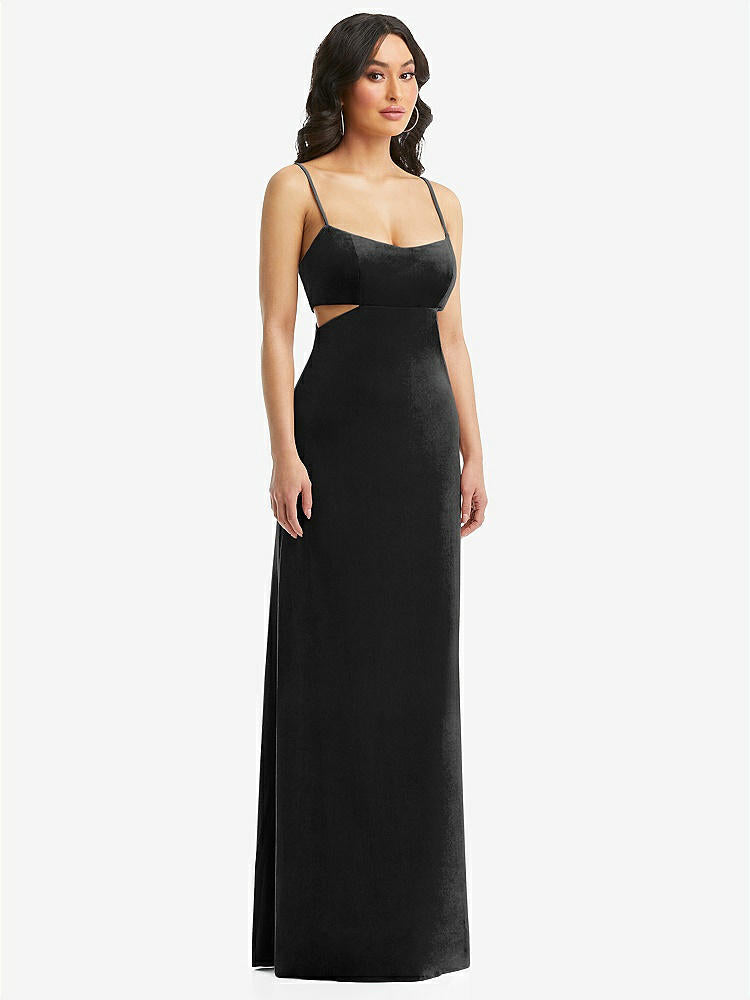 【NEW】【STYLE: 6866】Spaghetti ストラップ 切り抜き MIDIFF ベルベット MAXI ドレス【COLOR: Black】【SIZE: 00-30W】