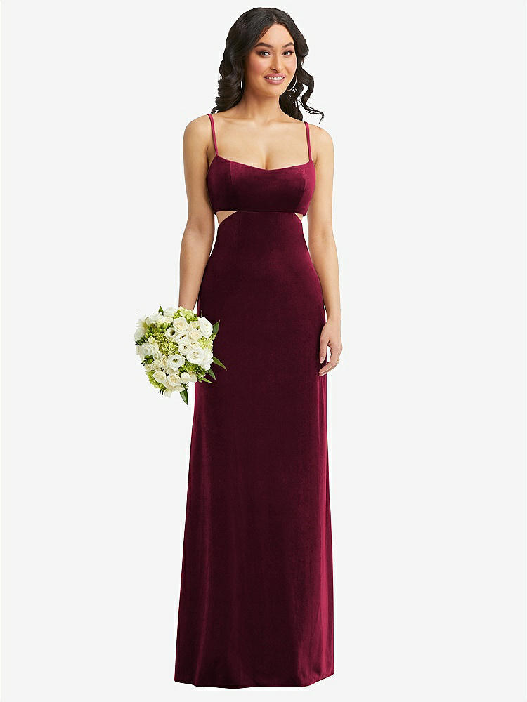 【STYLE: 6866】Spaghetti Strap Cutout Midriff Velvet Maxi Dress【COLOR: Cabernet】