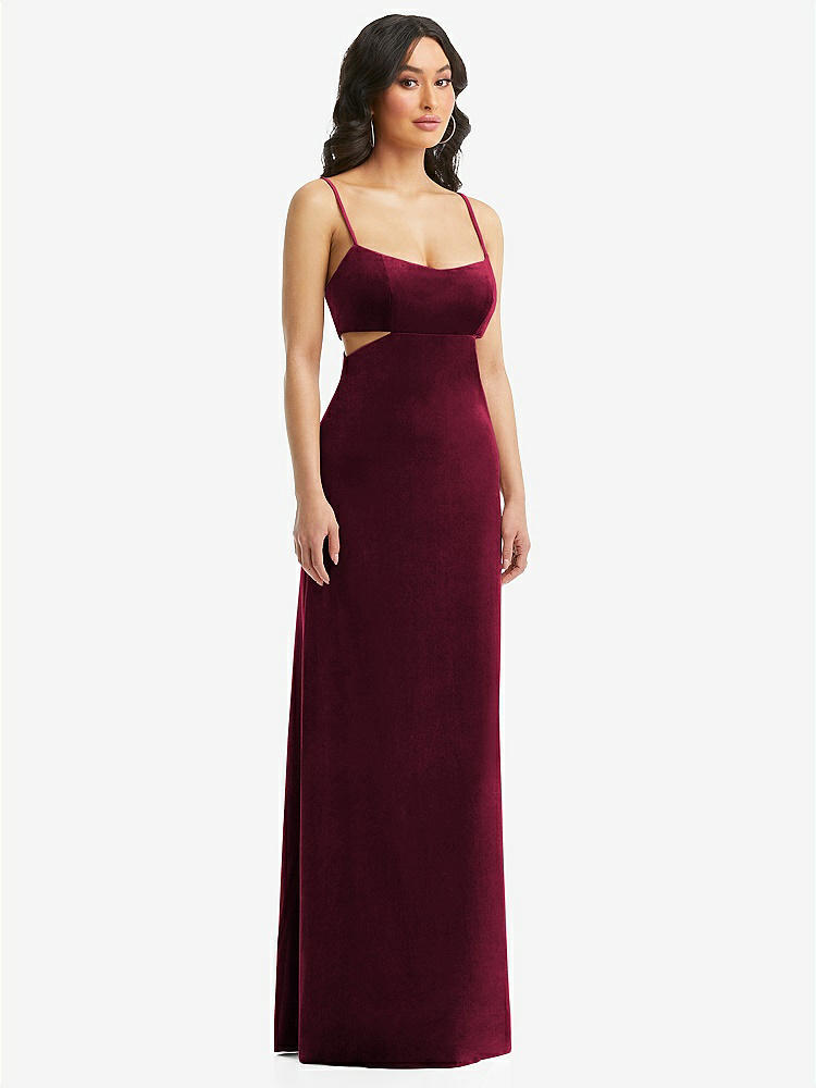 【STYLE: 6866】Spaghetti Strap Cutout Midriff Velvet Maxi Dress【COLOR: Cabernet】