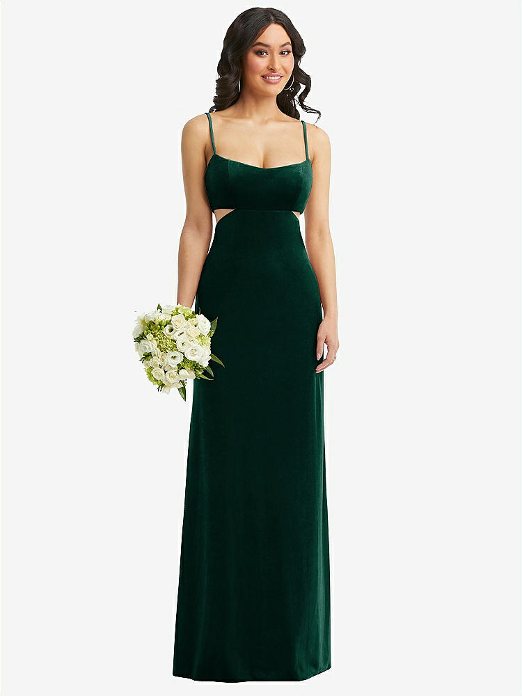 【STYLE: 6866】Spaghetti Strap Cutout Midriff Velvet Maxi Dress【COLOR: Evergreen】