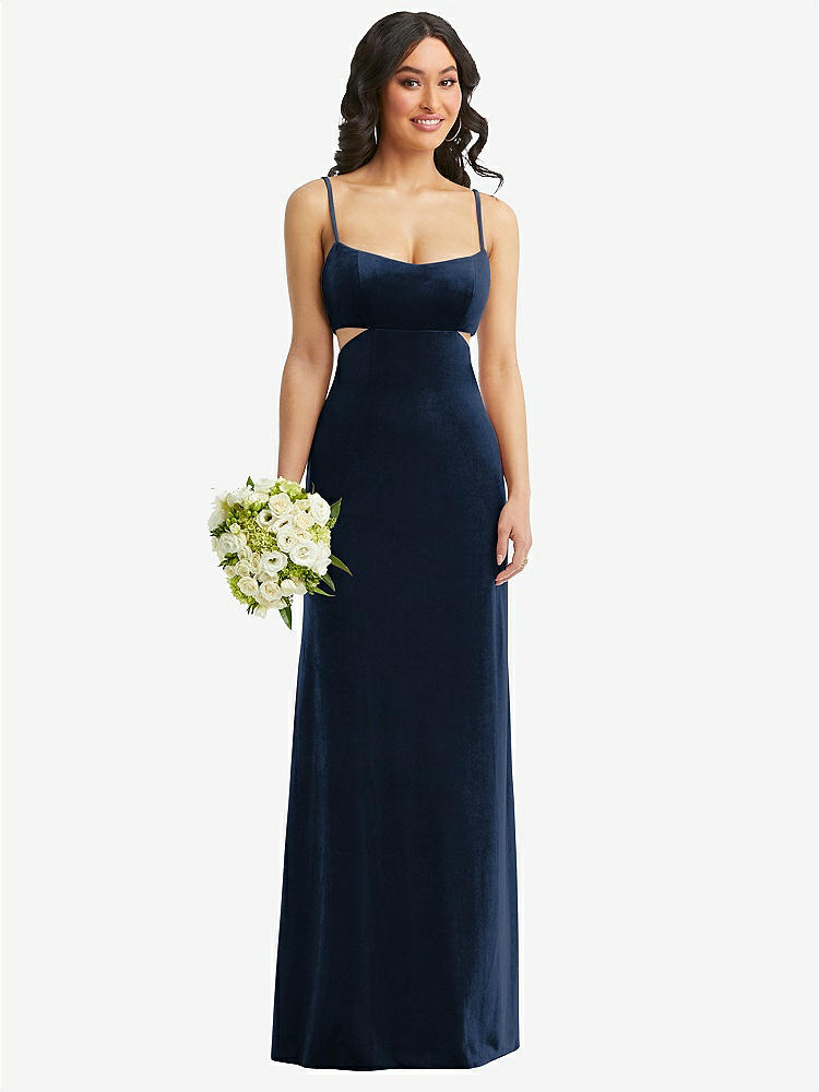 【STYLE: 6866】Spaghetti Strap Cutout Midriff Velvet Maxi Dress【COLOR: Midnight Navy】