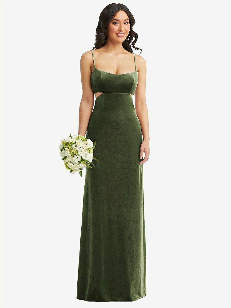 【STYLE: 6866】Spaghetti Strap Cutout Midriff Velvet Maxi Dress【COLOR: Olive Green】