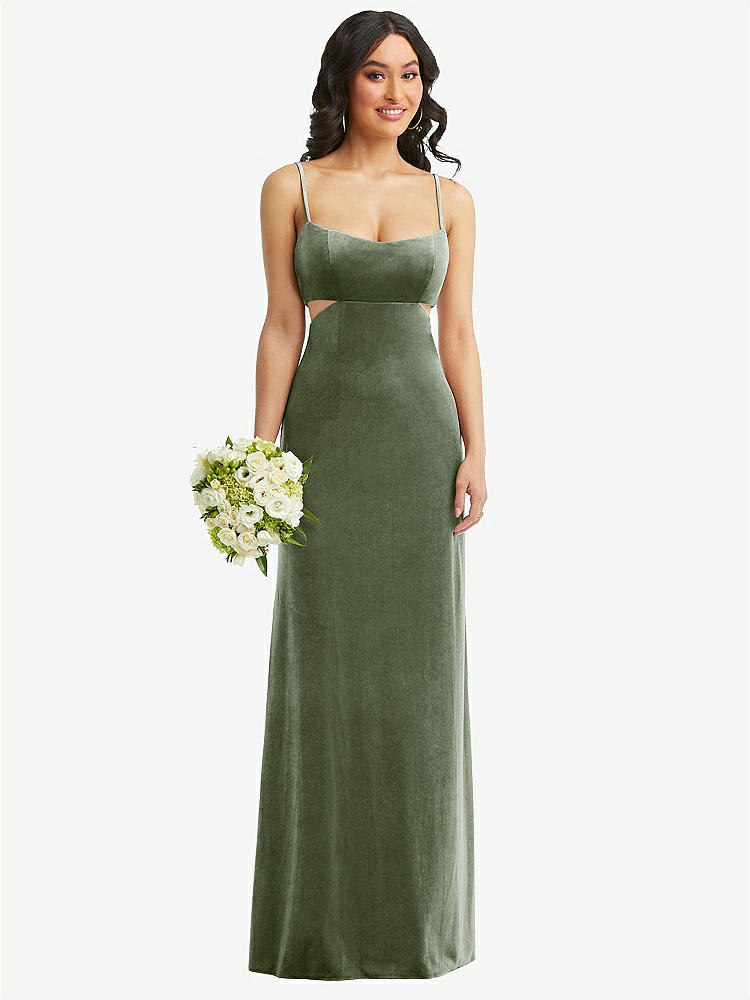 【STYLE: 6866】Spaghetti Strap Cutout Midriff Velvet Maxi Dress【COLOR: Sage】
