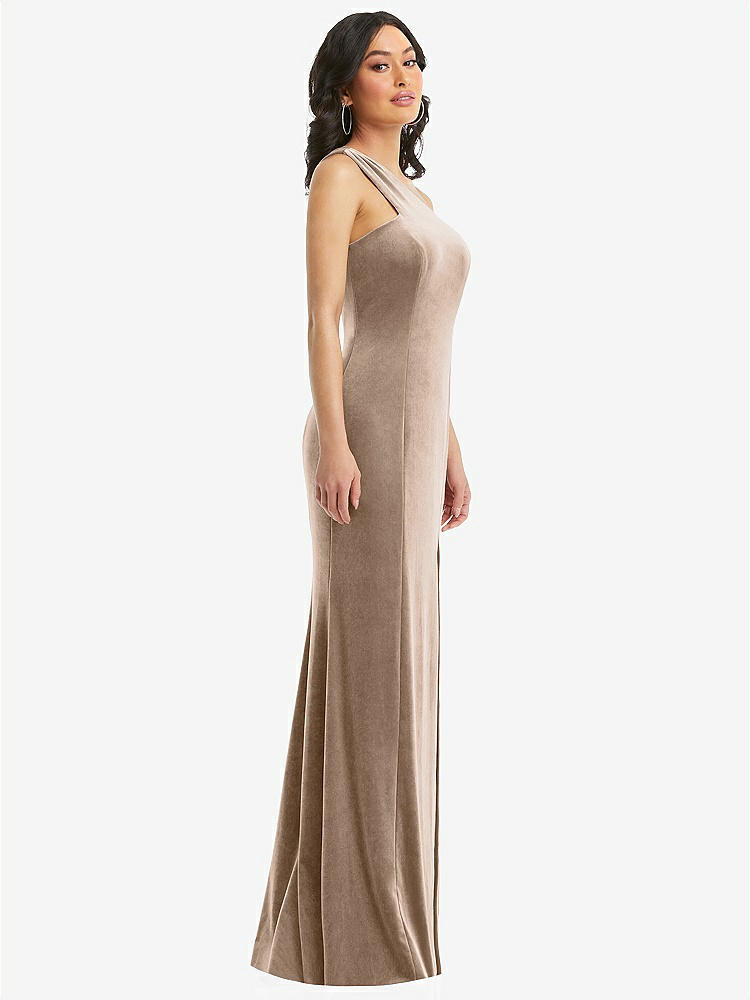 【STYLE: 6867】One-Shoulder Velvet Trumpet Gown with Front Slit【COLOR: Topaz】