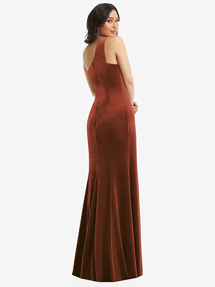 【STYLE: 6867】One-Shoulder Velvet Trumpet Gown with Front Slit【COLOR: Auburn Moon】