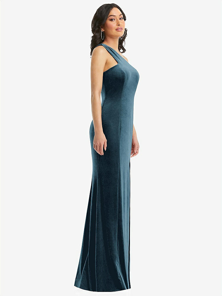 【STYLE: 6867】One-Shoulder Velvet Trumpet Gown with Front Slit【COLOR: Dutch Blue】