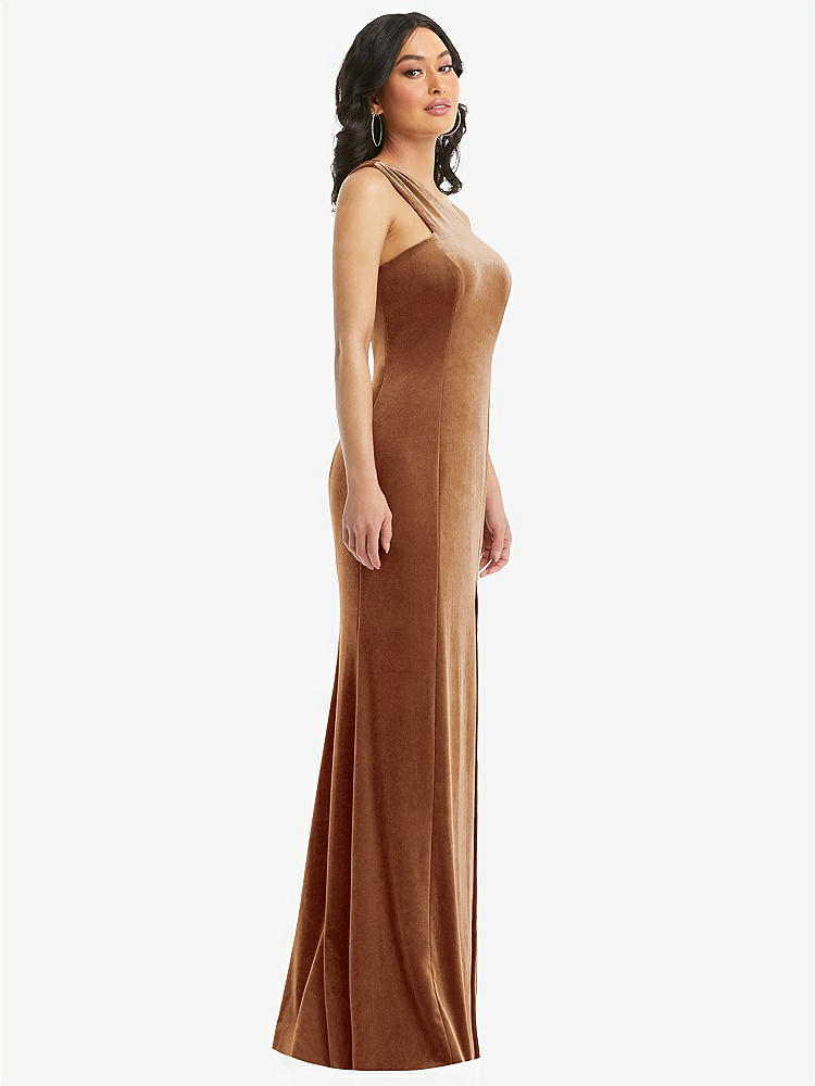 【STYLE: 6867】One-Shoulder Velvet Trumpet Gown with Front Slit【COLOR: Golden Almond】