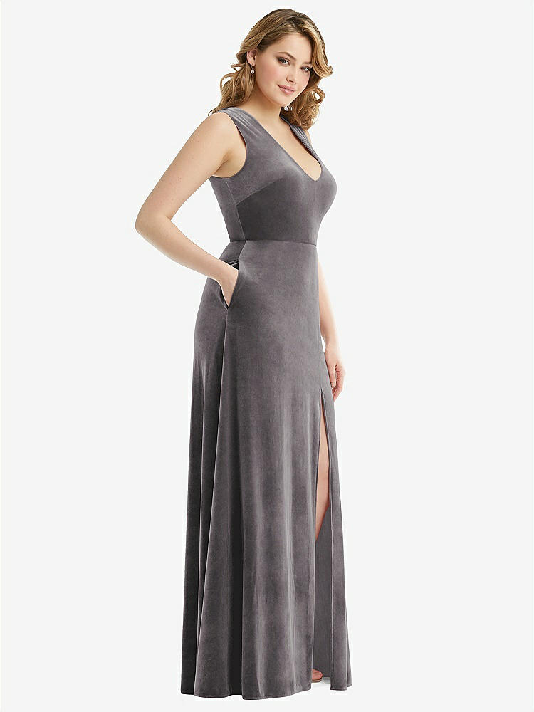 【STYLE: 6871】Deep V-Neck Sleeveless Velvet Maxi Dress with Pockets【COLOR: Caviar Gray】
