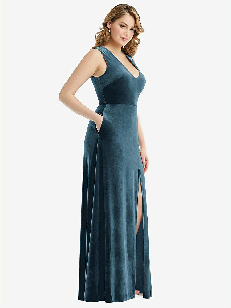 【STYLE: 6871】Deep V-Neck Sleeveless Velvet Maxi Dress with Pockets【COLOR: Dutch Blue】