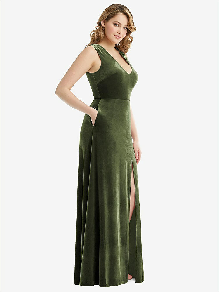 【STYLE: 6871】Deep V-Neck Sleeveless Velvet Maxi Dress with Pockets【COLOR: Olive Green】