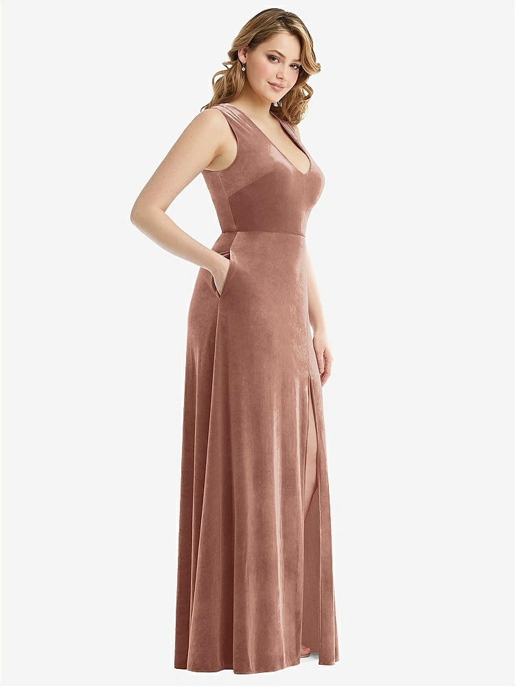 【STYLE: 6871】Deep V-Neck Sleeveless Velvet Maxi Dress with Pockets【COLOR: Tawny Rose】