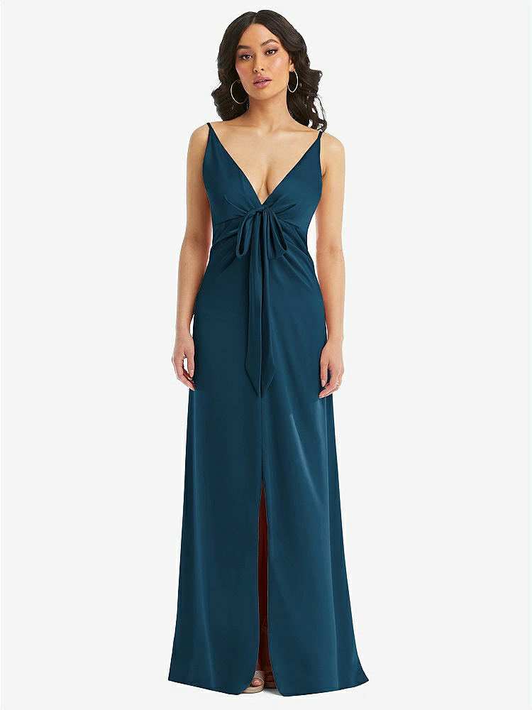【STYLE: 6869】Skinny Strap Plunge Neckline Maxi Dress with Bow Detail【COLOR: Atlantic Blue】