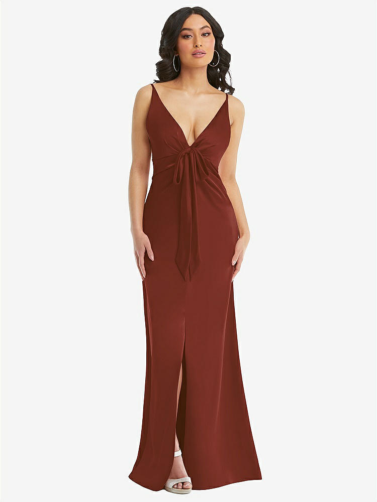 【STYLE: 6869】Skinny Strap Plunge Neckline Maxi Dress with Bow Detail【COLOR: Auburn Moon】