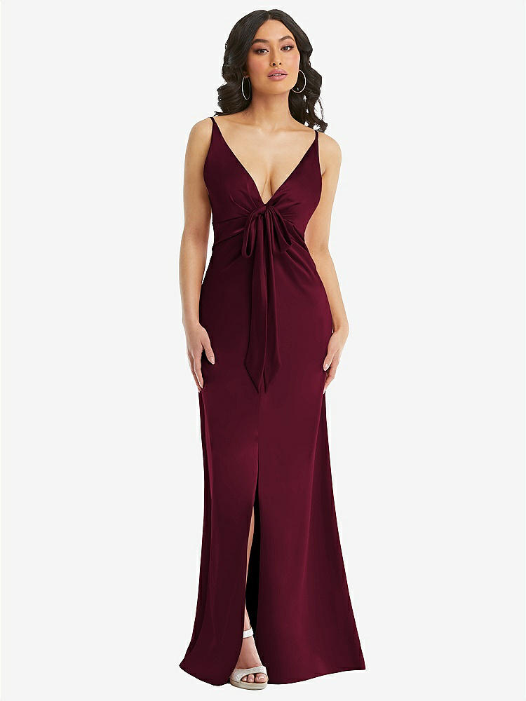【STYLE: 6869】Skinny Strap Plunge Neckline Maxi Dress with Bow Detail【COLOR: Cabernet】