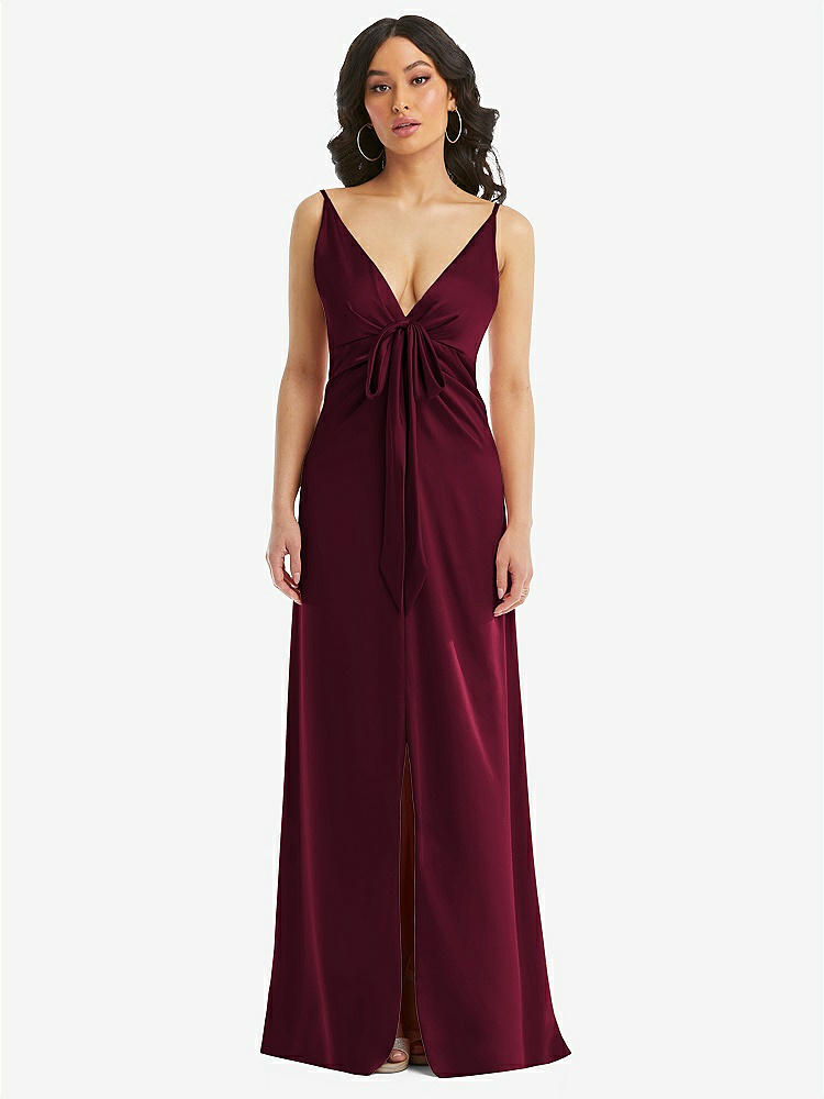 【STYLE: 6869】Skinny Strap Plunge Neckline Maxi Dress with Bow Detail【COLOR: Cabernet】