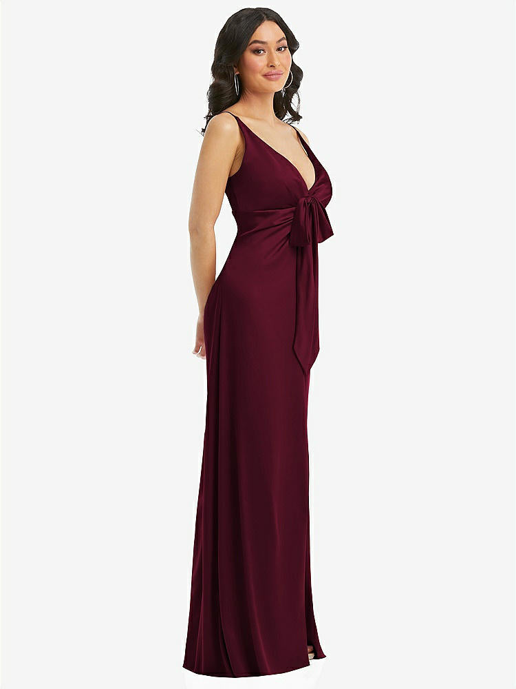 【STYLE: 6869】Skinny Strap Plunge Neckline Maxi Dress with Bow Detail【COLOR: Cabernet】