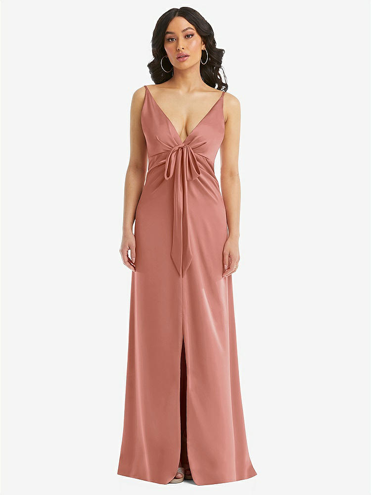 【STYLE: 6869】Skinny Strap Plunge Neckline Maxi Dress with Bow Detail【COLOR: Desert Rose】