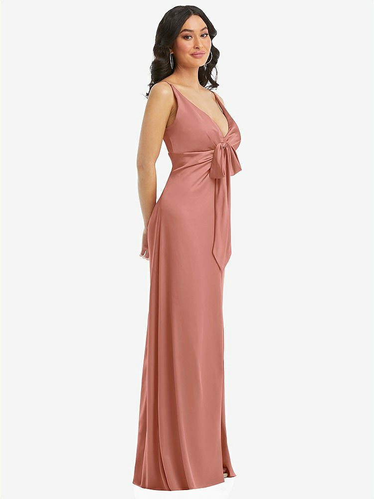 【STYLE: 6869】Skinny Strap Plunge Neckline Maxi Dress with Bow Detail【COLOR: Desert Rose】