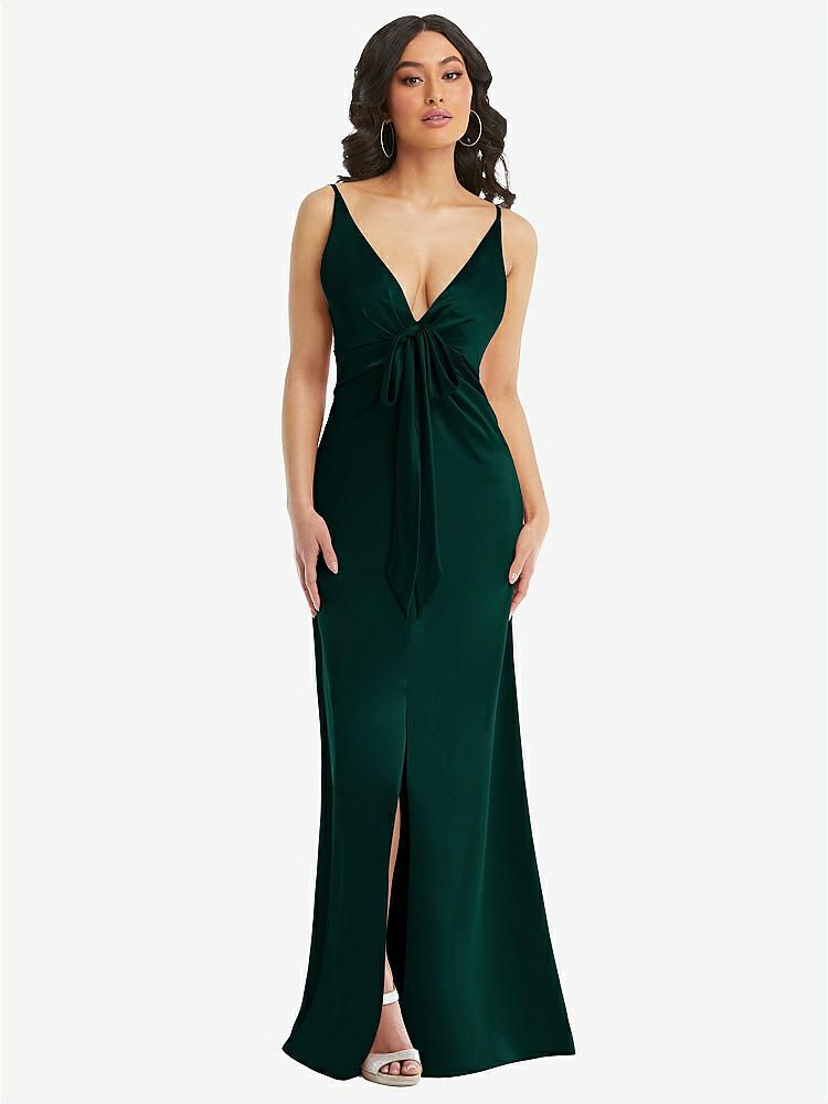 【STYLE: 6869】Skinny Strap Plunge Neckline Maxi Dress with Bow Detail【COLOR: Evergreen】