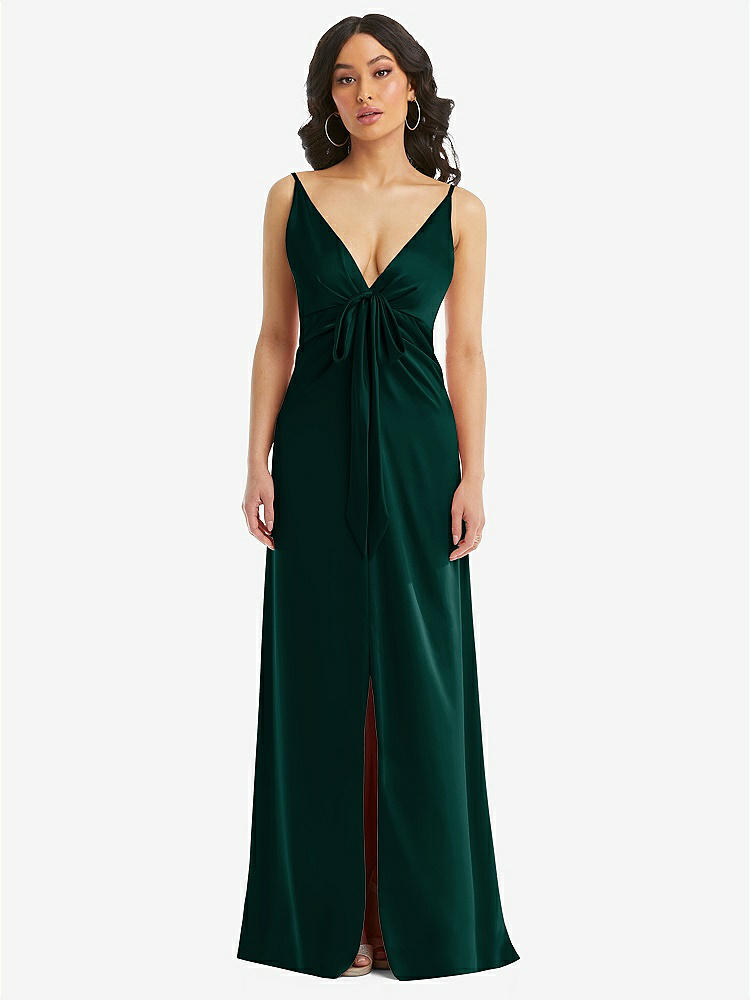 【STYLE: 6869】Skinny Strap Plunge Neckline Maxi Dress with Bow Detail【COLOR: Evergreen】